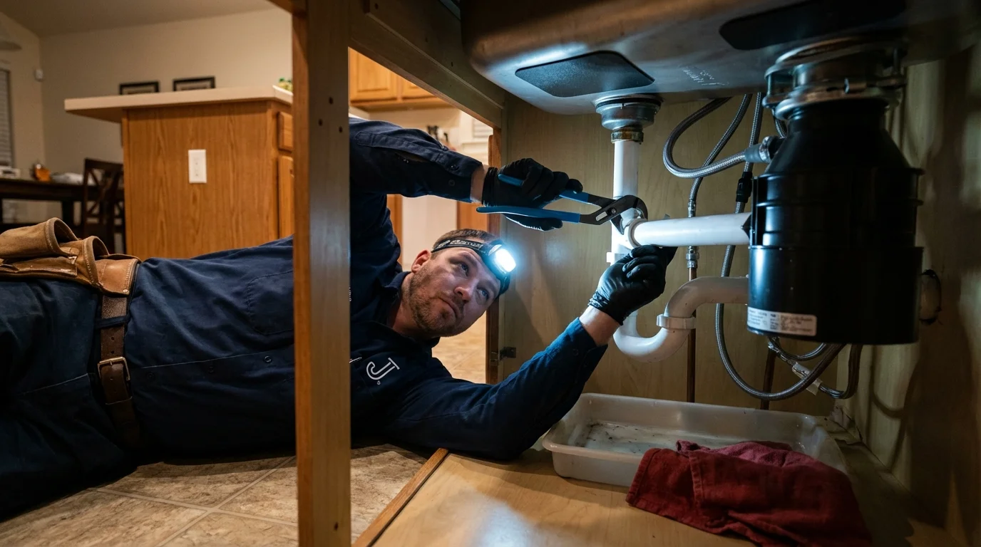 P-trap and supply line connections under a kitchen sink showing a common leak point in Gate City, VA